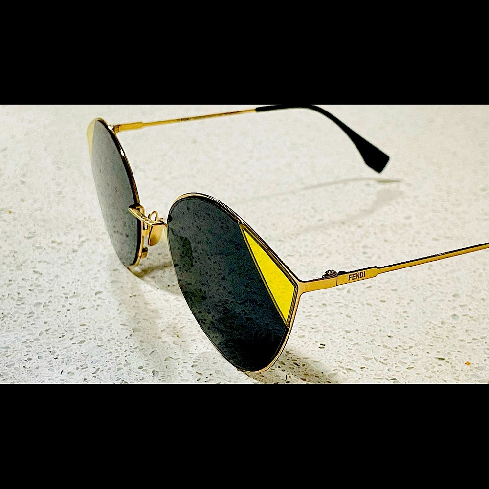 FENDI Cat-eye Sunglasses Antiqued Gold+Blue/Grey Lens